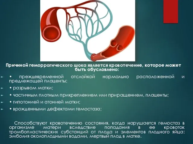 Причиной геморрагического шока является кровотечение, которое может быть обусловлено: • преждевременной отслойкой