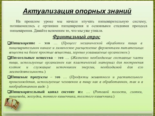 Фронтальный опрос Пищеварение – это … (Процесс механической обработки пищи в пищеварительном