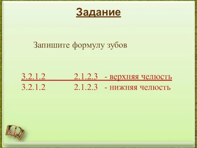 Задание Запишите формулу зубов 3.2.1.2 2.1.2.3 - верхняя челюсть 3.2.1.2 2.1.2.3 - нижняя челюсть