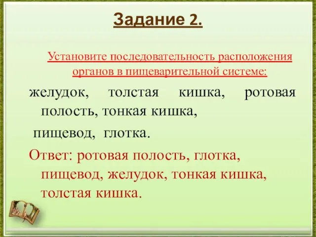 Задание 2. Установите последовательность расположения органов в пищеварительной системе: желудок, толстая кишка,