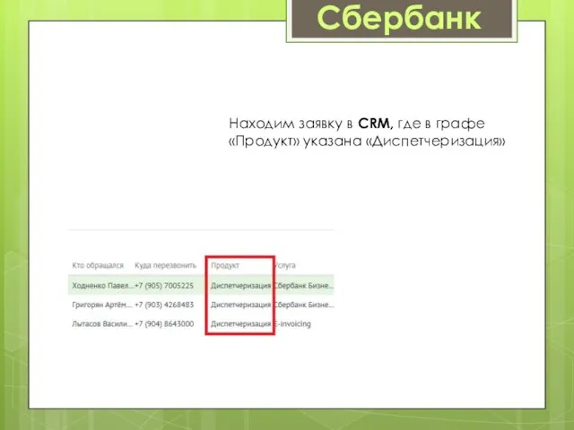 Сбербанк Находим заявку в CRM, где в графе «Продукт» указана «Диспетчеризация»