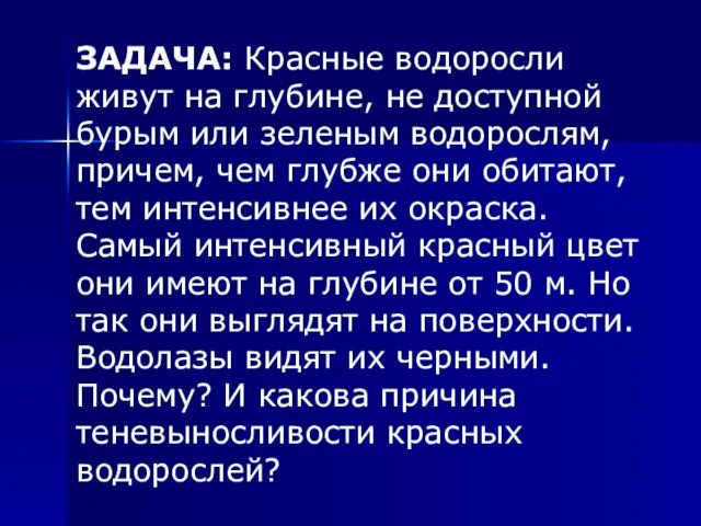 ЗАДАЧА: Красные водоросли живут на глубине, не доступной бурым или зеленым водорослям,