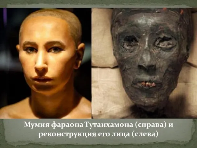Мумия фараона Тутанхамона (справа) и реконструкция его лица (слева)