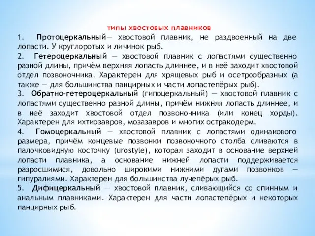 типы хвостовых плавников 1. Протоцеркальный— хвостовой плавник, не раздвоенный на две лопасти.