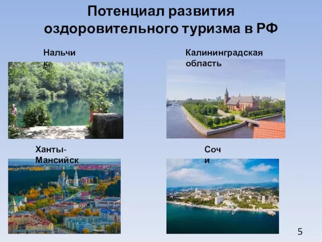 Потенциал развития оздоровительного туризма в РФ Нальчик Сочи Ханты-Мансийск Калининградская область