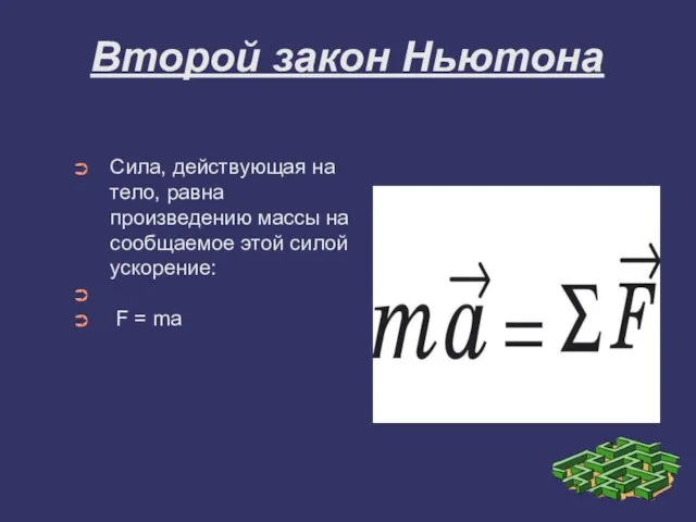 Второй закон Ньютона Сила, действующая на тело, равна произведению массы на сообщаемое