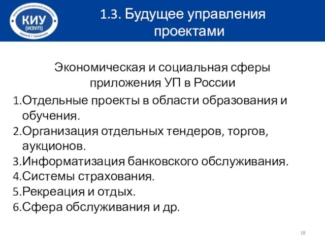 Экономическая и социальная сферы приложения УП в России Отдельные проекты в области