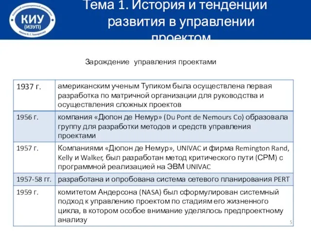 Тема 1. История и тенденции развития в управлении проектом Зарождение управления проектами