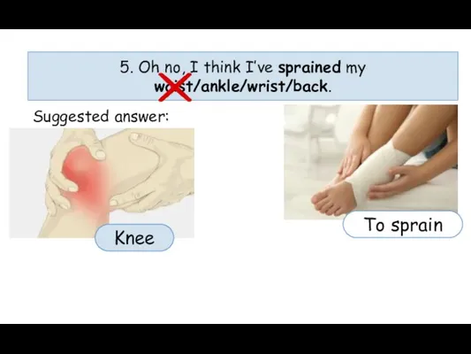 5. Oh no, I think I’ve sprained my waist/ankle/wrist/back. Suggested answer: To sprain Knee