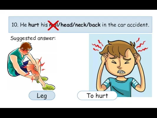 10. He hurt his nail/head/neck/back in the car accident. Suggested answer: To hurt Leg