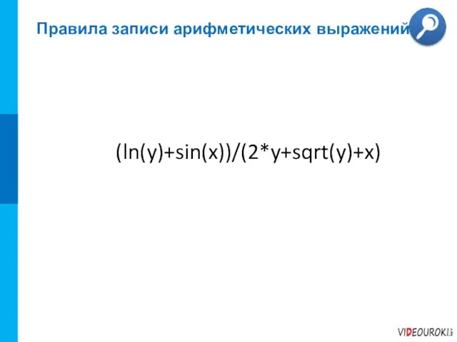 Правила записи арифметических выражений (ln(y)+sin(x))/(2*y+sqrt(y)+x)