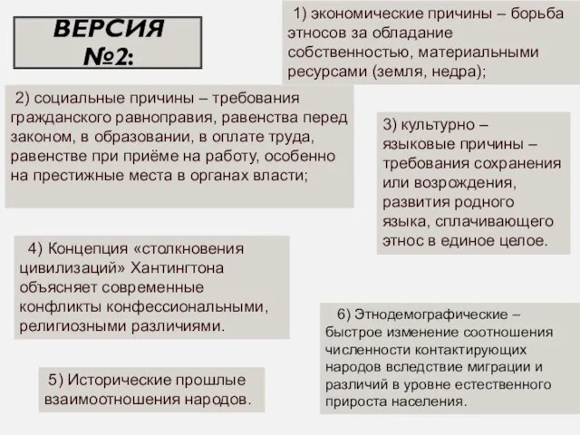 ВЕРСИЯ №2: 1) экономические причины – борьба этносов за обладание собственностью, материальными