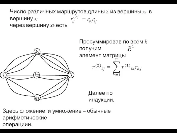 Число различных маршрутов длины 2 из вершины xi в вершину xj через