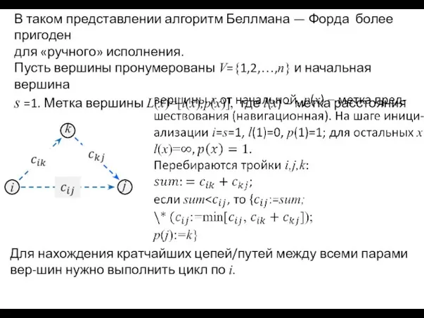 В таком представлении алгоритм Беллмана — Форда более пригоден для «ручного» исполнения.