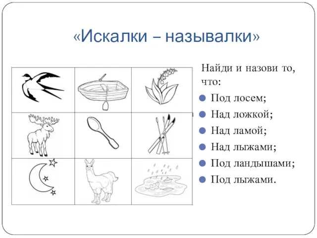 «Искалки – называлки» Найди и назови то, что: Под лосем; Над ложкой;