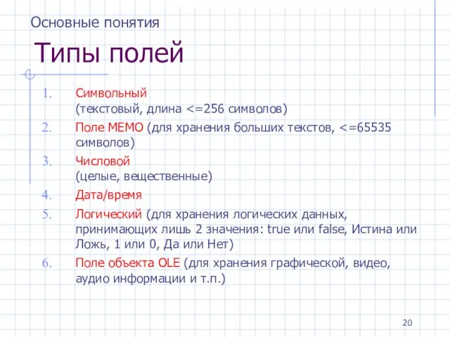 Типы полей Символьный (текстовый, длина Поле MEMO (для хранения больших текстов, Числовой