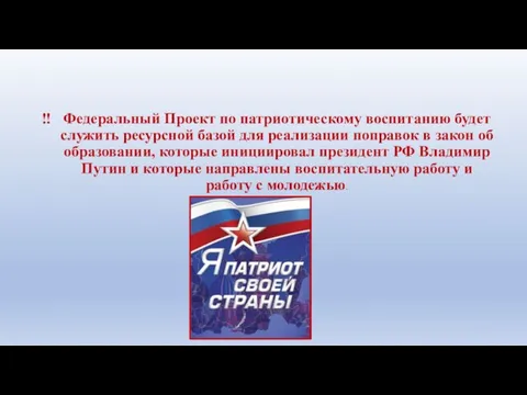 Федеральный Проект по патриотическому воспитанию будет служить ресурсной базой для реализации поправок