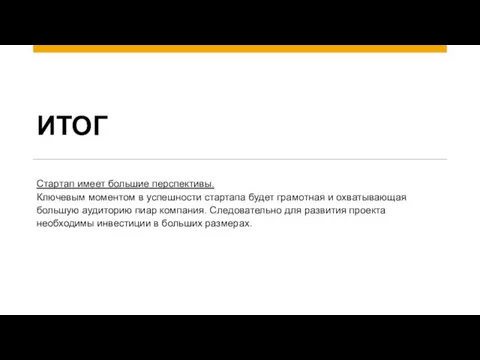 ИТОГ Стартап имеет большие перспективы. Ключевым моментом в успешности стартапа будет грамотная