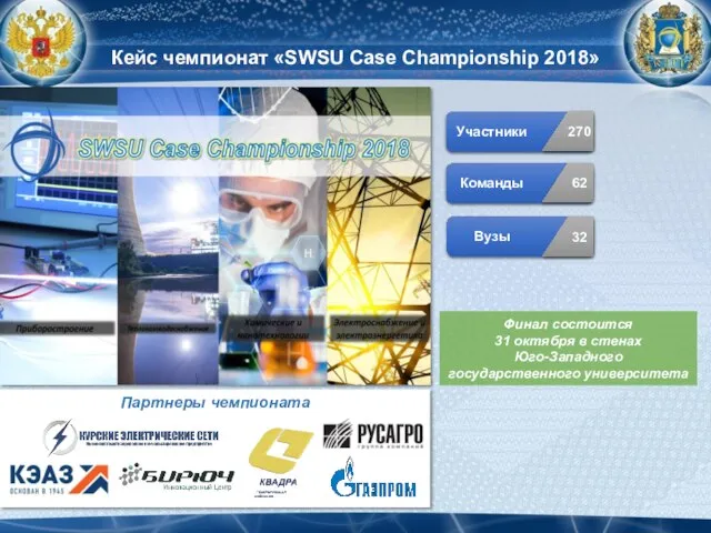 Кейс чемпионат «SWSU Case Championship 2018» Партнеры чемпионата Участники 270 Команды 62