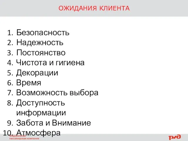 ОЖИДАНИЯ КЛИЕНТА Безопасность Надежность Постоянство Чистота и гигиена Декорации Время Возможность выбора