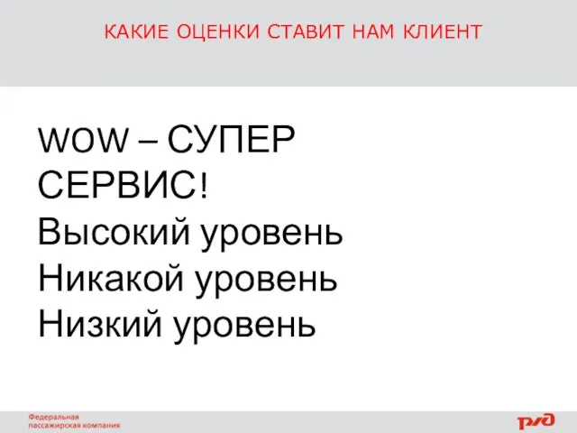 КАКИЕ ОЦЕНКИ СТАВИТ НАМ КЛИЕНТ WOW – СУПЕР СЕРВИС! Высокий уровень Никакой уровень Низкий уровень