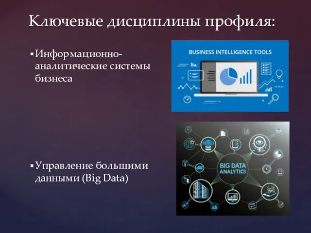 Ключевые дисциплины профиля: Информационно-аналитические системы бизнеса Управление большими данными (Big Data)