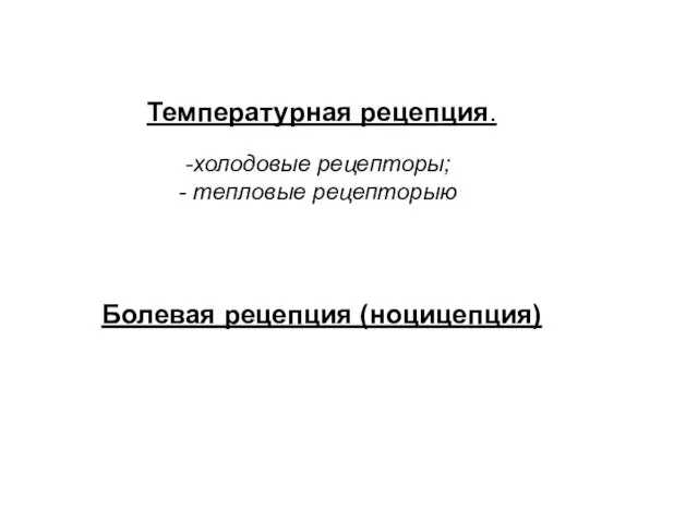 Температурная рецепция. холодовые рецепторы; тепловые рецепторыю Болевая рецепция (ноцицепция)