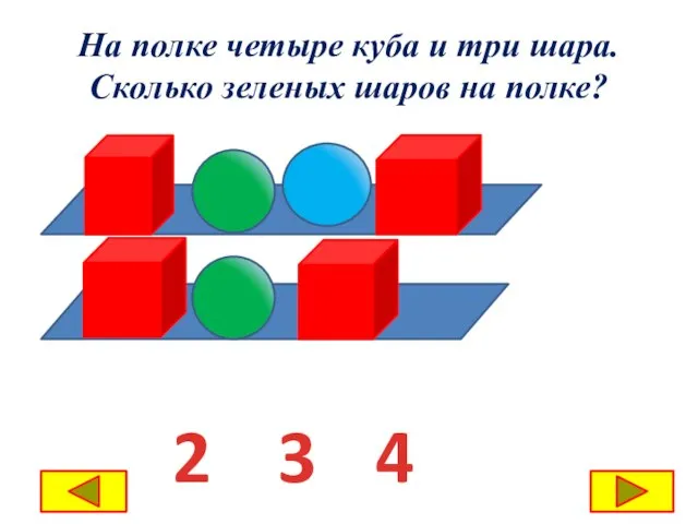 На полке четыре куба и три шара. Сколько зеленых шаров на полке? 3 4 2