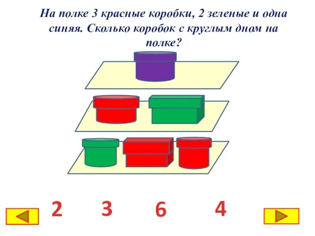 На полке 3 красные коробки, 2 зеленые и одна синяя. Сколько коробок