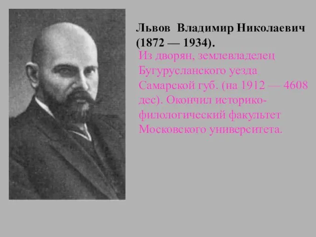 Из дворян, землевладелец Бугурусланского уезда Самарской губ. (на 1912 — 4608 дес).