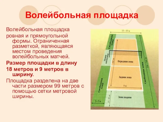 Волейбольная площадка Волейбольная площадка ровная и прямоугольной формы. Ограниченная разметкой, являющаяся местом