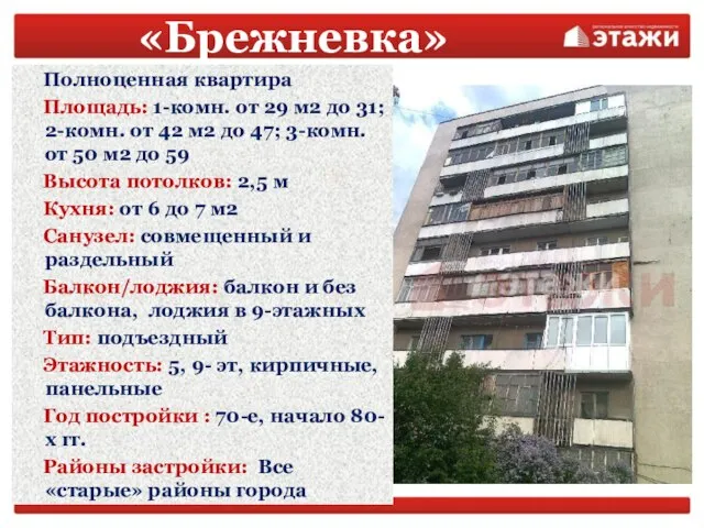 «Брежневка» Полноценная квартира Площадь: 1-комн. от 29 м2 до 31; 2-комн. от