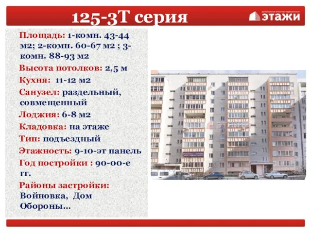 125-3Т серия Площадь: 1-комн. 43-44 м2; 2-комн. 60-67 м2 ; 3-комн. 88-93