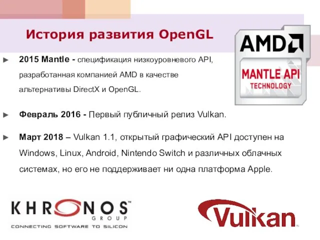 История развития OpenGL 2015 Mantle - спецификация низкоуровневого API, разработанная компанией AMD