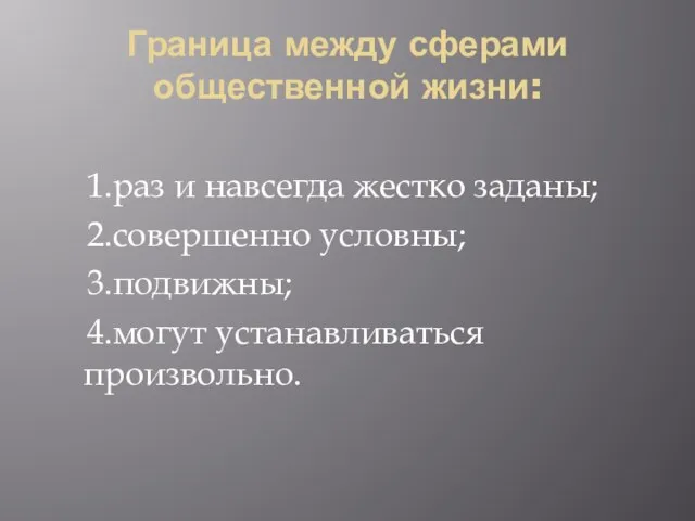 Граница между сферами общественной жизни: 1.раз и навсегда жестко заданы; 2.совершенно условны; 3.подвижны; 4.могут устанавливаться произвольно.