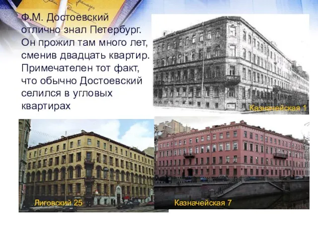 Ф.М. Достоевский отлично знал Петербург. Он прожил там много лет, сменив двадцать