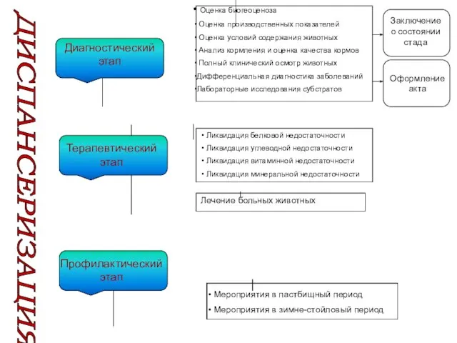ДИСПАНСЕРИЗАЦИЯ Диагностический этап Терапевтический этап Профилактический этап Оценка биогеоценоза Оценка производственных показателей