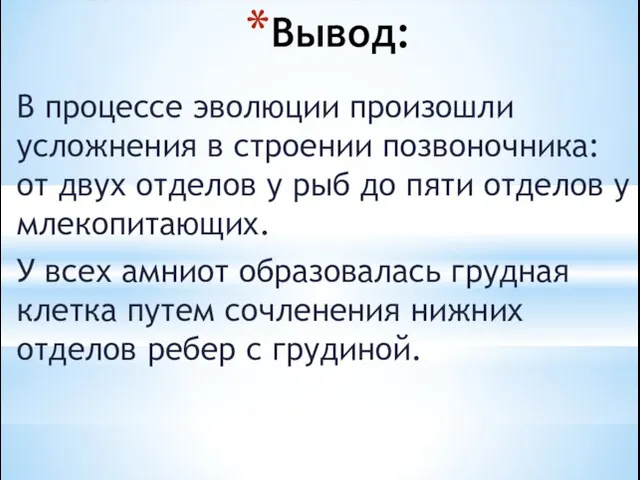 Вывод: В процессе эволюции произошли усложнения в строении позвоночника: от двух отделов