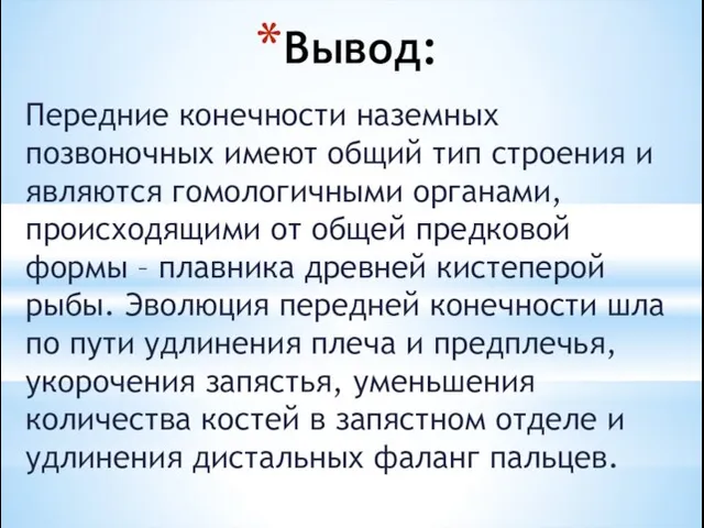 Вывод: Передние конечности наземных позвоночных имеют общий тип строения и являются гомологичными