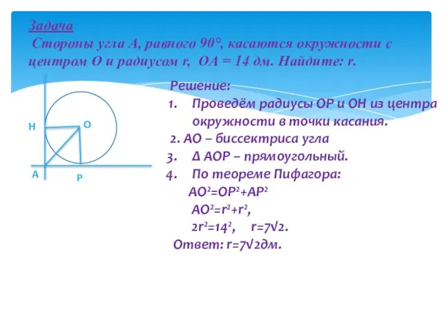 Задача Cтороны угла А, равного 90°, касаются окружности с центром О и