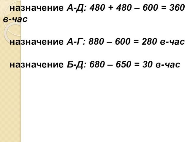 назначение А-Д: 480 + 480 – 600 = 360 в-час назначение А-Г: