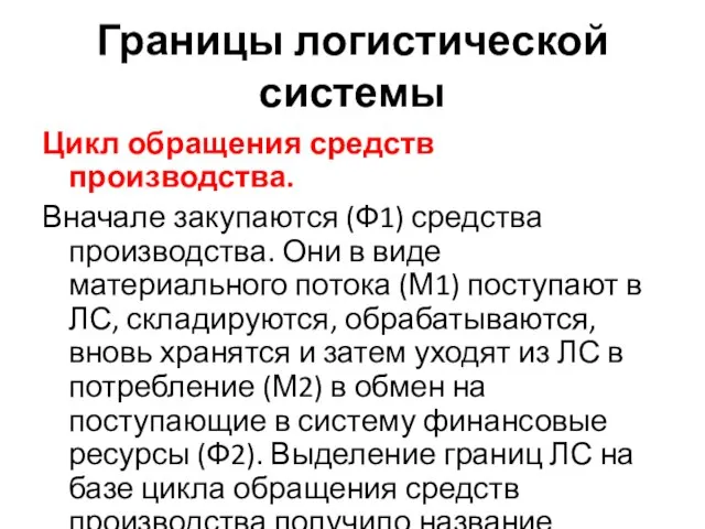 Границы логистической системы Цикл обращения средств производства. Вначале закупаются (Ф1) средства производства.