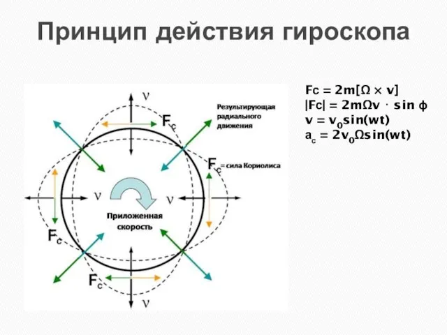 Принцип действия гироскопа Fс = 2m[Ω × v] |Fс| = 2mΩv ⋅