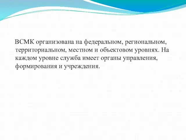 ВСМК организована на федеральном, региональном, территориальном, местном и объектовом уровнях. На каждом