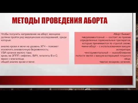 МЕТОДЫ ПРОВЕДЕНИЯ АБОРТА Чтобы получить направление на аборт, женщина должна пройти ряд