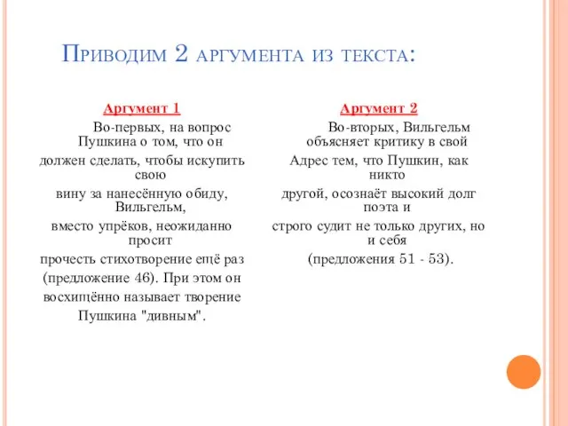 Приводим 2 аргумента из текста: Аргумент 1 Во-первых, на вопрос Пушкина о