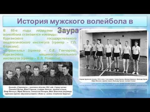 История мужского волейбола в Зауралье В 60-е годы лидерами областного волейбола становятся