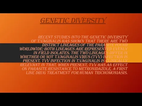 Genetic diversity Recent studies into the genetic diversity of T.vaginalis has shown