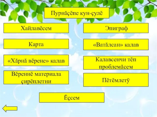 Пурнăçĕпе кун-çулĕ Хайлавĕсем Эпиграф Вĕреннĕ материала çирĕплетни Калавсенчи тĕп проблемăсем Карта Пĕтĕмлетÿ