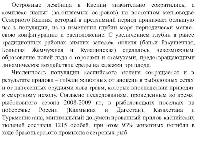 Островные лежбища в Каспии значительно сократились, а комплекс шалыг (затопляемых островов) на